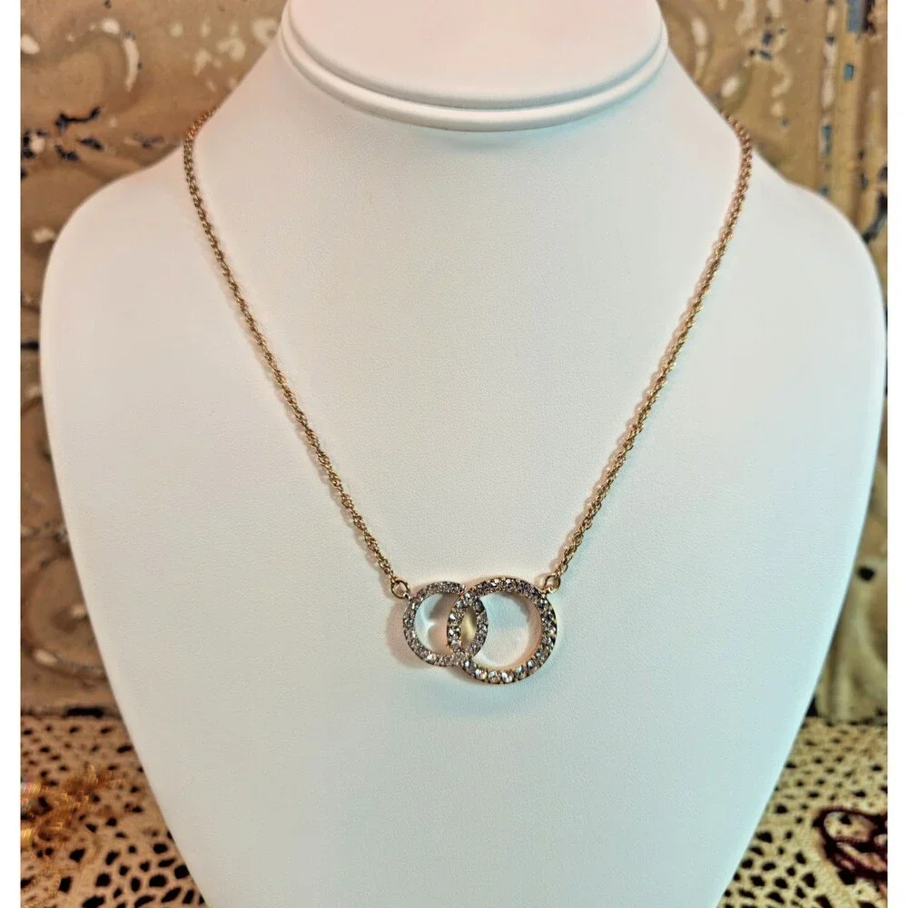Charter Club Gold & Silver Tone Double Circle Necklace Clear Rhinestones 19"